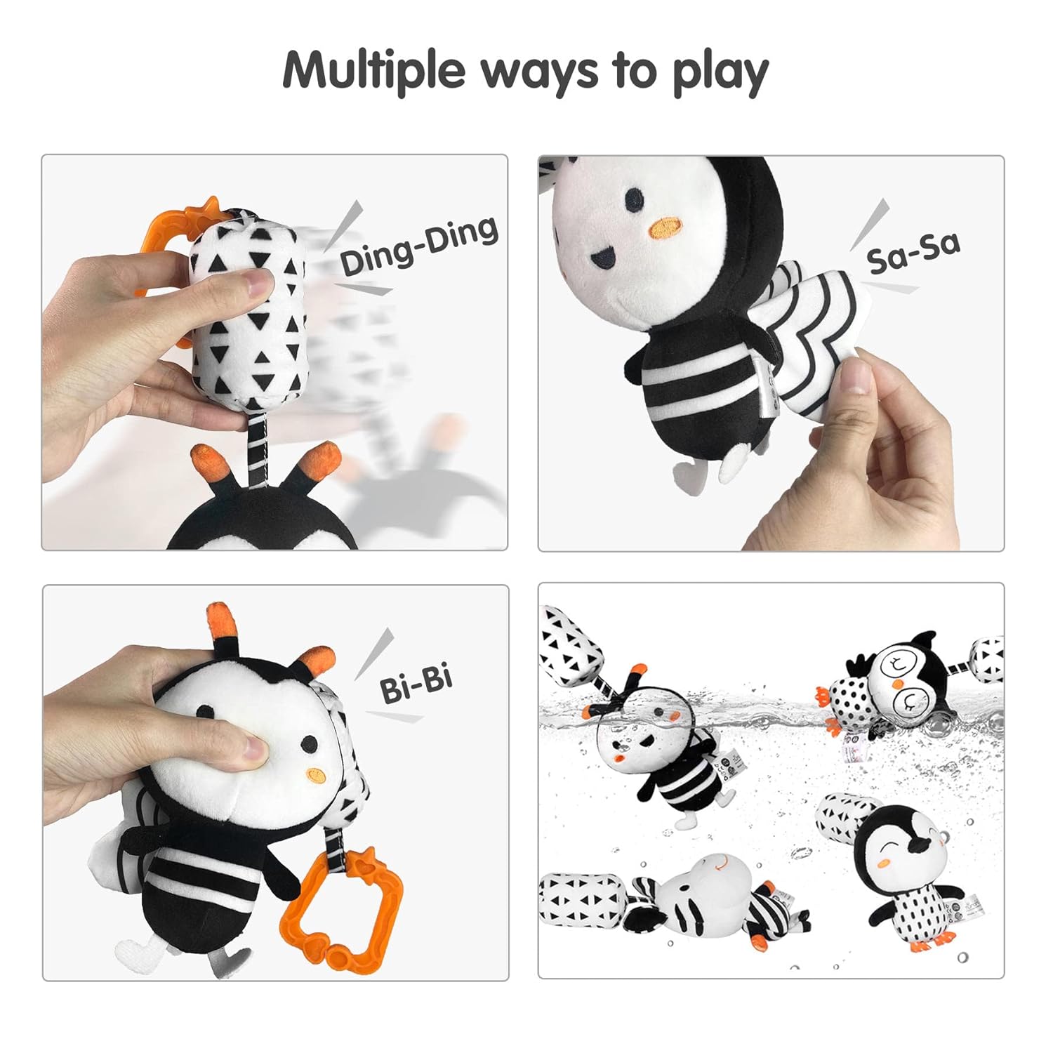 TUMAMA Plush Baby Toys - Black and White Hanging Rattles for Newborns | 4-Pack for 3-12 Months