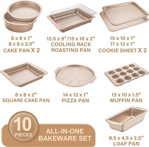 HONGBAKE 10-Piece Nonstick Bakeware Set - Versatile Kitchen Pans with Wider Grips | Champagne Gold