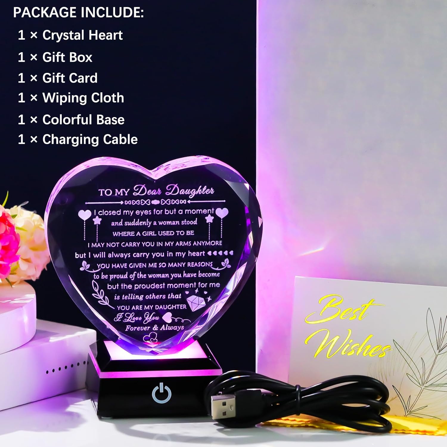 YWHL Heart Crystal Gift for Daughter - Colorful LED Base | Perfect Birthday & Holiday Present