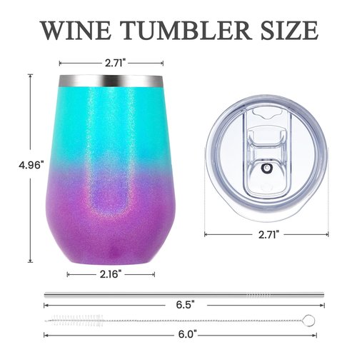 MEWAY Stemless 12oz Insulated Wine Tumbler with Lid and Straw - Double Wall Stainless Steel Thermal Cup for Hot and Cold Drinks, Travel wine glass, Bridal and Baby Shower Game Prizes(Glitter Aurora,1)
