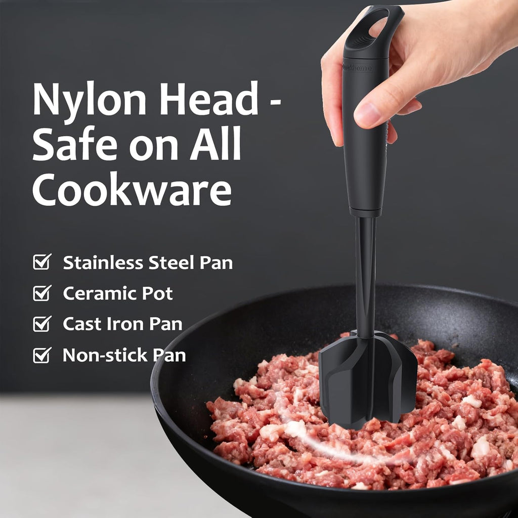 Ourokhome Meat Chopper - Heat Resistant Nylon Ground Beef Smasher with 5 Curved Blades | Black Kitchen Gadget