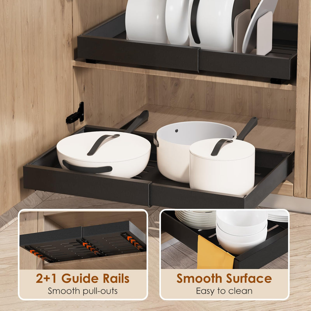 Landmok 2 Pack Expandable Pull Out Cabinet Organizer 16.5" Deep, Adjustable Width 12.6"-20.5", No Drill Adhesive with Triple Track Rails, Heavy Duty Slide Out Drawers for Kitchen,Pantry,Cabinets,Black