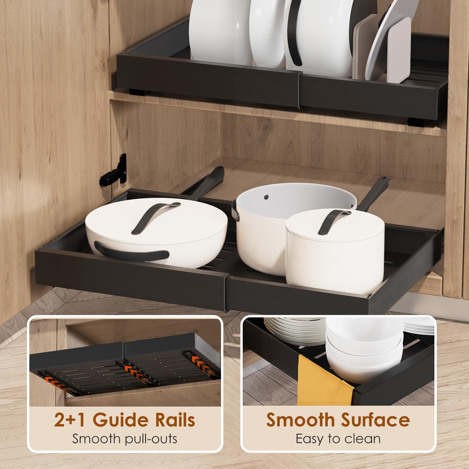 Landmok 2 Pack Expandable Pull Out Cabinet Organizer 16.5" Deep, Adjustable Width 12.6"-20.5", No Drill Adhesive with Triple Track Rails, Heavy Duty Slide Out Drawers for Kitchen,Pantry,Cabinets,Black