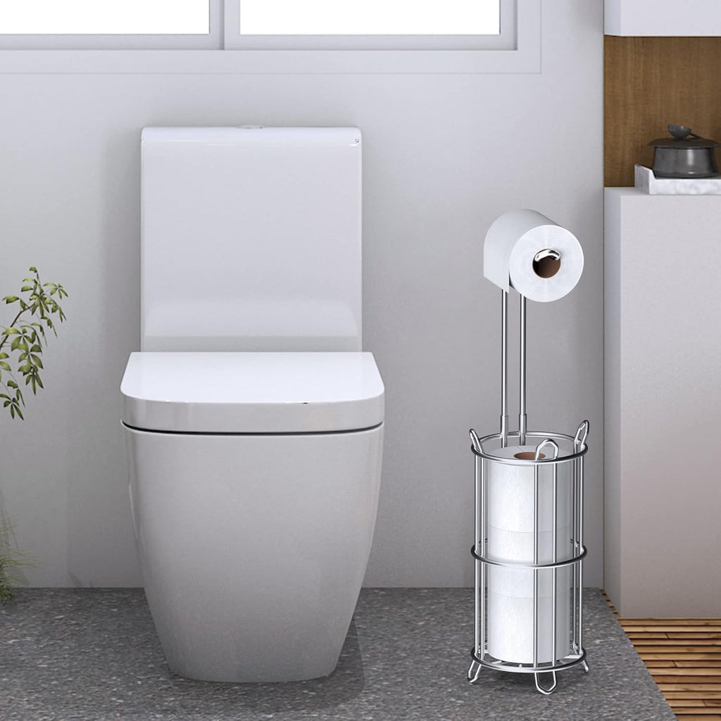 Meangood Toilet Paper Holder Stand - Free Standing Tissue Roll Dispenser for 4 Mega Rolls | Metal Wire Silver
