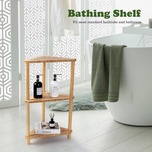 Bamboo Corner Shower Caddy Stand - 3-Tier Waterproof Bathroom Organizer | Space-Saving Design with Anti-Slip Feet