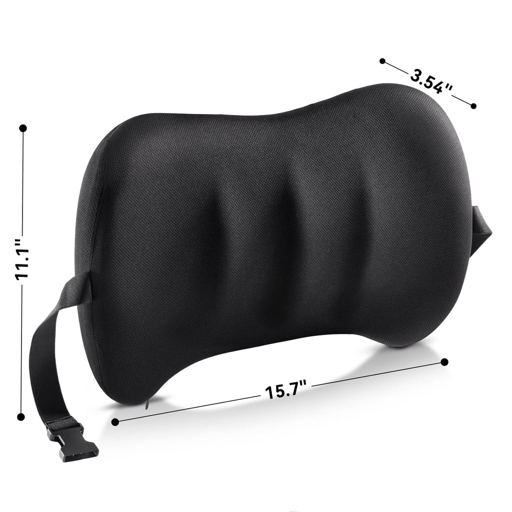 Lumbar Support Pillow for Car Seat and Office Chair, Memory Foam Back Cushion with Breathable Cover and Adjustable Straps for Driving, Ergonomic Orthopedic Back Rest Lower Back Support, Black