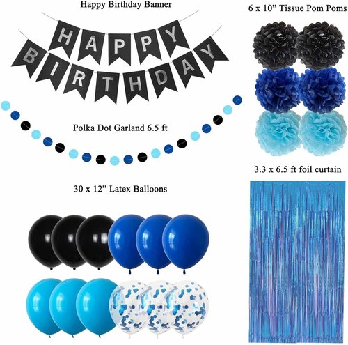 ANSOMO Happy Birthday Party Decorations - Blue & Black Banner, Balloons & Pom Poms | Perfect for All Ages