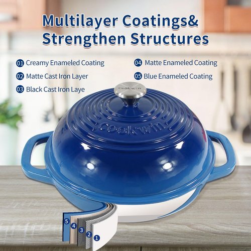 Enameled Cast Iron Bread Oven, 6 Quart Dutch Oven for Bread Sourdough Baking, 11" Thick Enamel Bread Baking Pan Kit with Lid for Stews, Roasts and Gifts for Family, Blue
