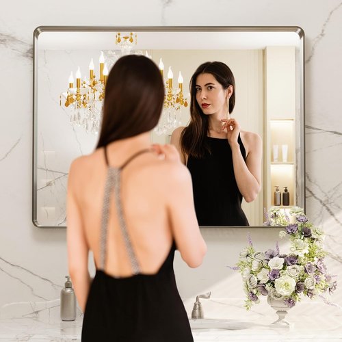 LOAAO Brushed Nickel Bathroom Mirror - 40X32 Inch Rounded Rectangle Design | Anti-Rust & Shatterproof
