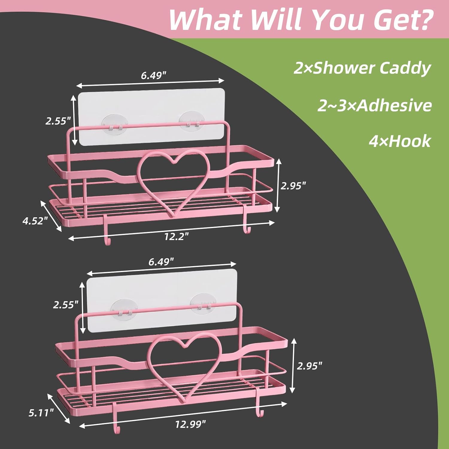 Skiennix Pink Shower Caddy - 4 Removable Hooks & No-Drill Adhesive Organizer | 2-Pack Shelves for Bathroom & Kitchen