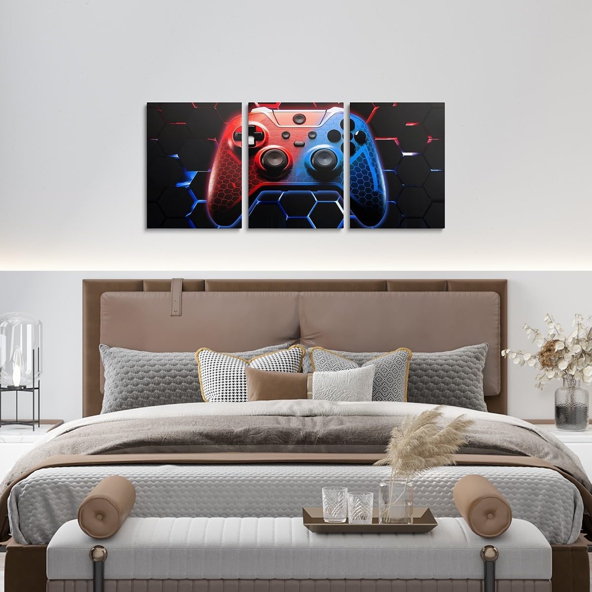 Manfei Games Canvas Wall Art - Set of 3 Honeycomb Gamepad Prints | Modern Gamer Decor for Kids' Rooms