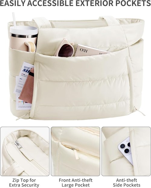 Bagstellar Puffer Tote Bag - Lightweight Quilted Handbag for Work & Travel | Ideal for Nurses & Teachers, Fits 15.6" Laptop