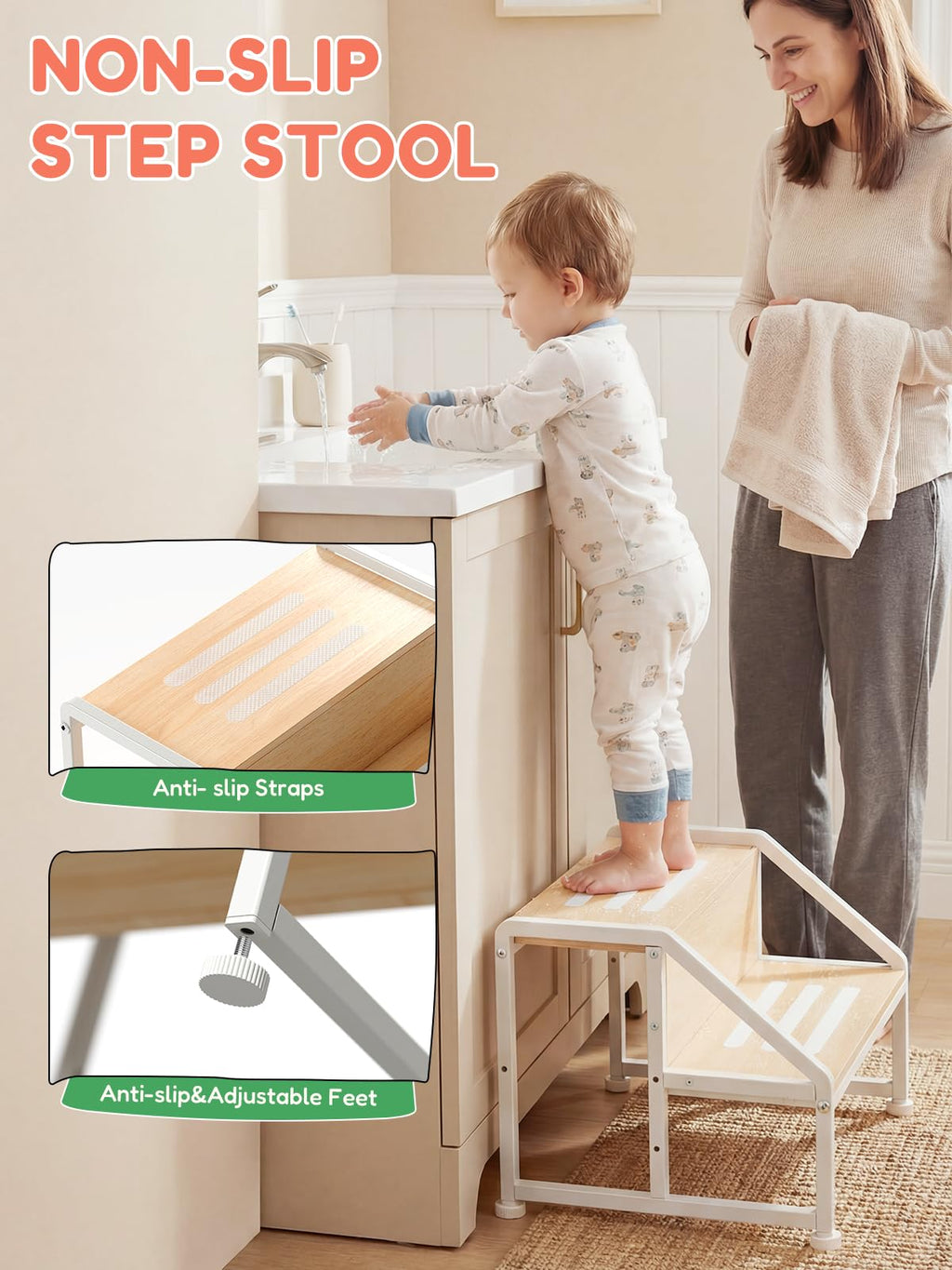 VBABY Toddler Step Stool for Kids, 2-in-1 Convertible Step Stool, Non-Slip Kids Potty Training Stool, Sturdy Wooden Step Stool for Bathroom, Kitchen & Sink