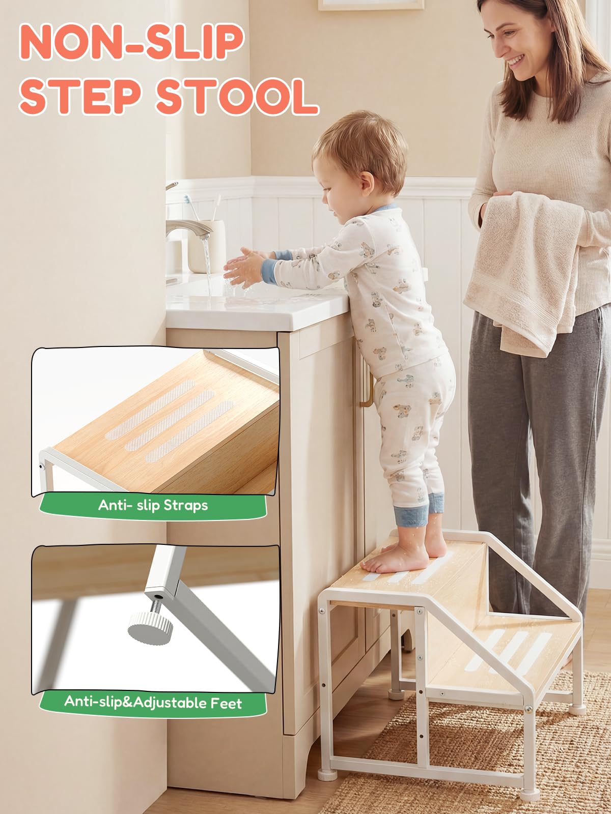 VBABY Toddler Step Stool for Kids, 2-in-1 Convertible Step Stool, Non-Slip Kids Potty Training Stool, Sturdy Wooden Step Stool for Bathroom, Kitchen & Sink