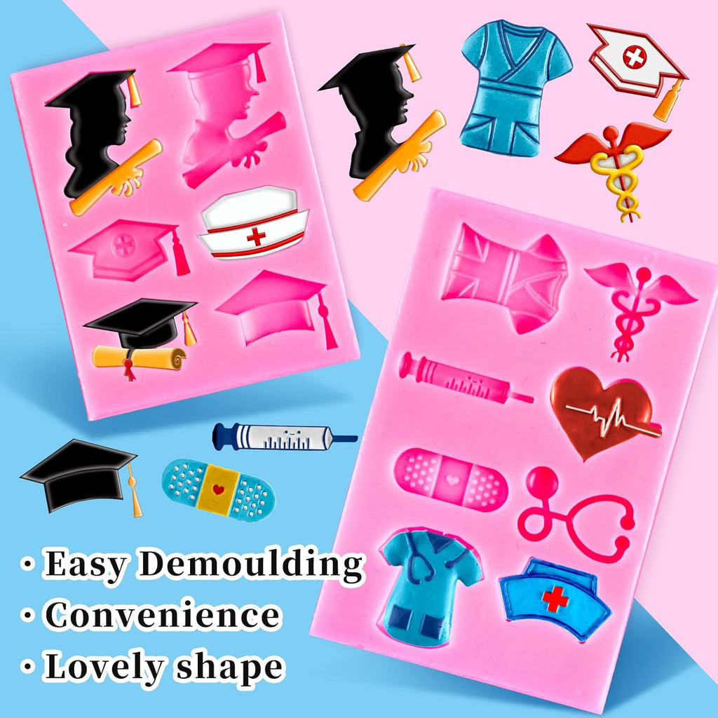 Whaline Nurse Graduation Fondant Molds - Silicone Doctor Hat & Medical Equipment | 2 Pack for Cake Toppers