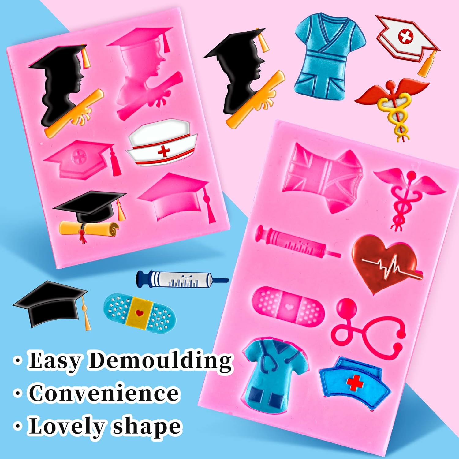 Whaline Nurse Graduation Fondant Molds - Silicone Doctor Hat & Medical Equipment | 2 Pack for Cake Toppers