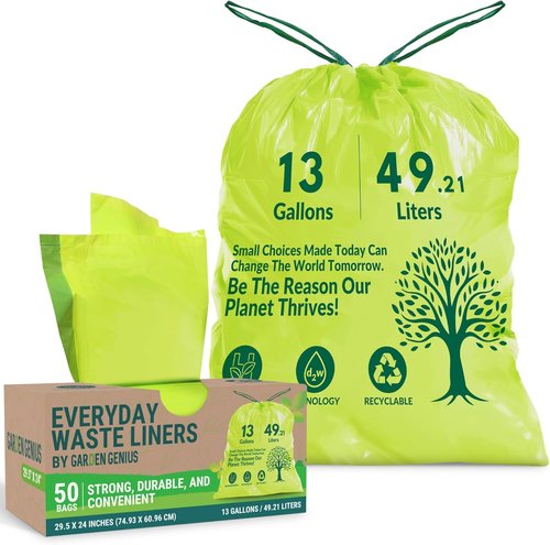 Biodegradable 13-Gallon Kitchen Waste Bags - Heavy-Duty Drawstring Trash Bags | Eco-Friendly, 50-Pack
