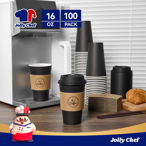 JOLLY CHEF 16 oz Coffee Cups-100 Pack, Disposable Black Hot Paper Cups with Lids, Sleeves and Stirrers for all Kinds of Beverages