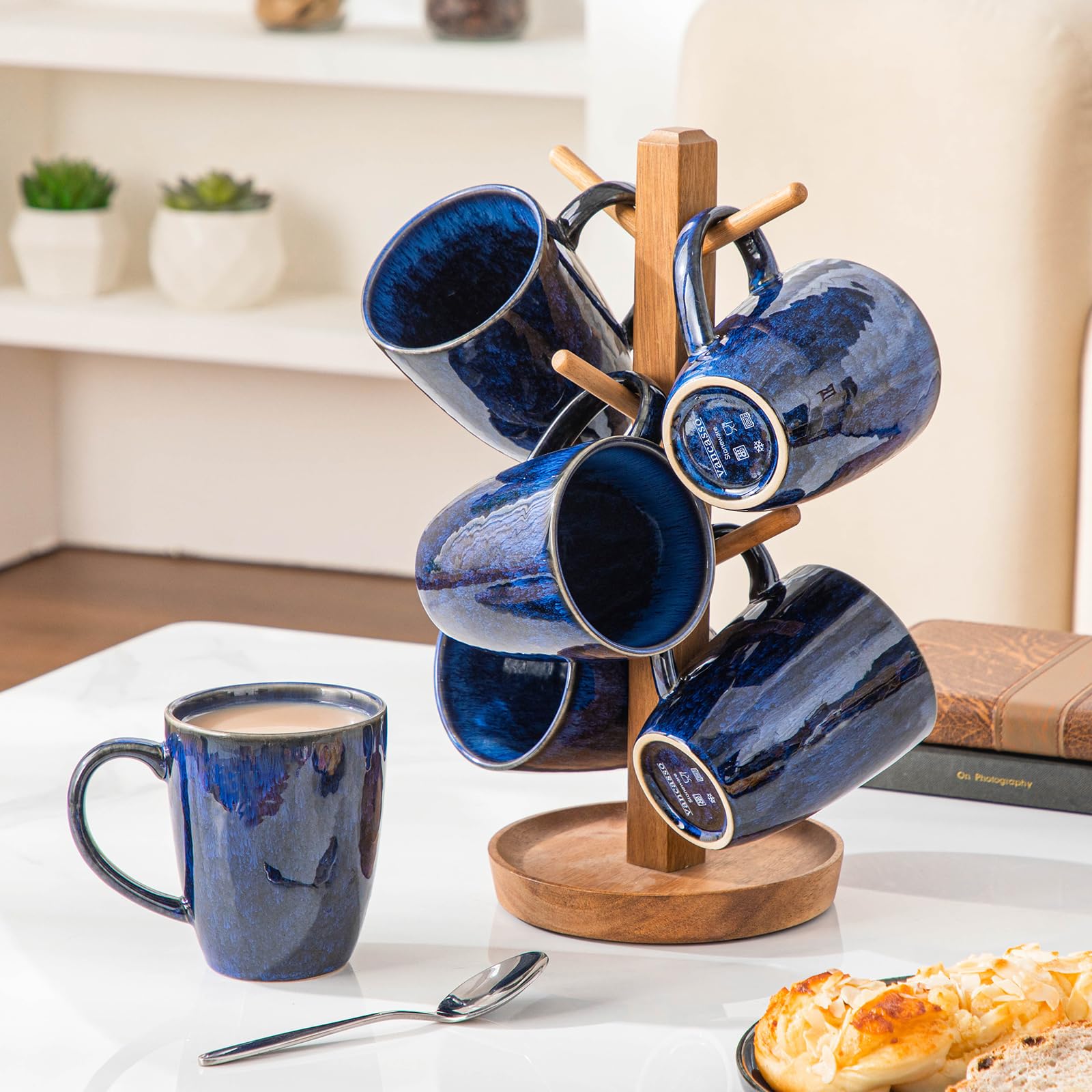vancasso STARRY Ceramic Coffee Mug Set of 6, 12 Oz Tea Cups with Handle for Latte, Tea, Cappuccino, Milk, Cocoa, Microwave&Dishwasher Safe,Blue