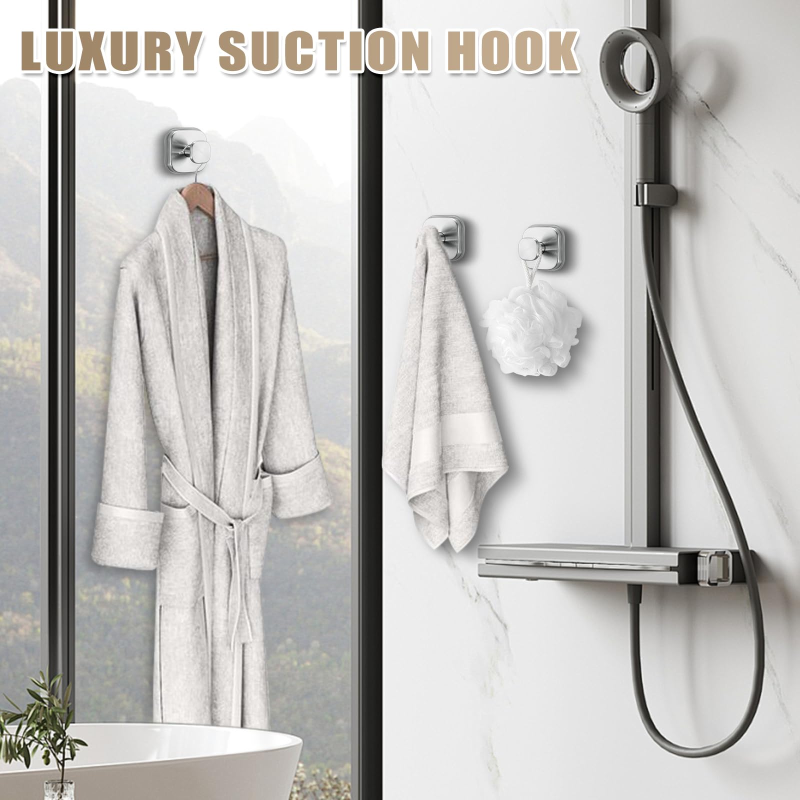 Fenas No-Drill Reusable Suction Cup Hooks, 2-Pack Brushed Nickel – Towel, Robe, Loofah, Coat Hook for Glass, Mirror, Tile, Shower, Bathroom, Kitchen & Metal (Smooth, Non-Porous Surfaces)