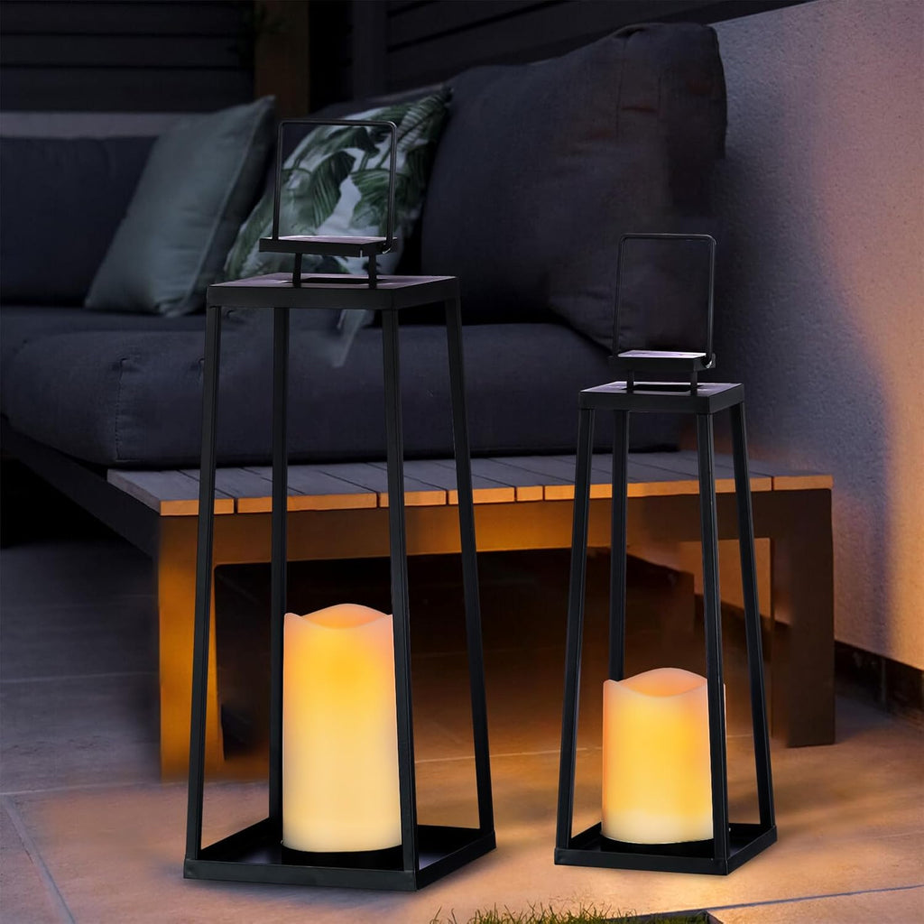 Skiennix Solar Lantern Set of 2 - Modern Black Metal Lanterns with Solar Candles | 18’’ & 15’’ for Outdoor Decor