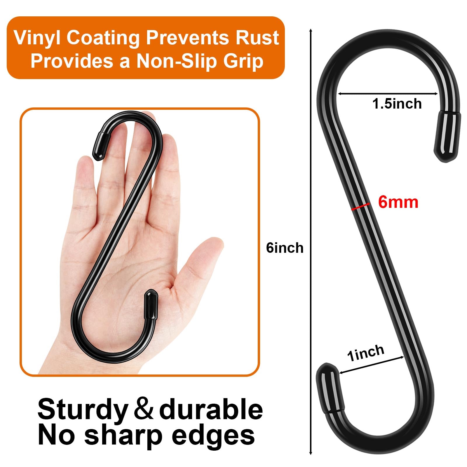 10 Pack 6 Inch Heavy Duty S Hooks, Vinyl Coated Large S Hook for Hanging Plants, Non Slip Black S Shaped Hanging Hooks for Closet, Jeans, Bags, Pot Pans, Wire Shelf Rack, Bird Feeders, Garage, Tools