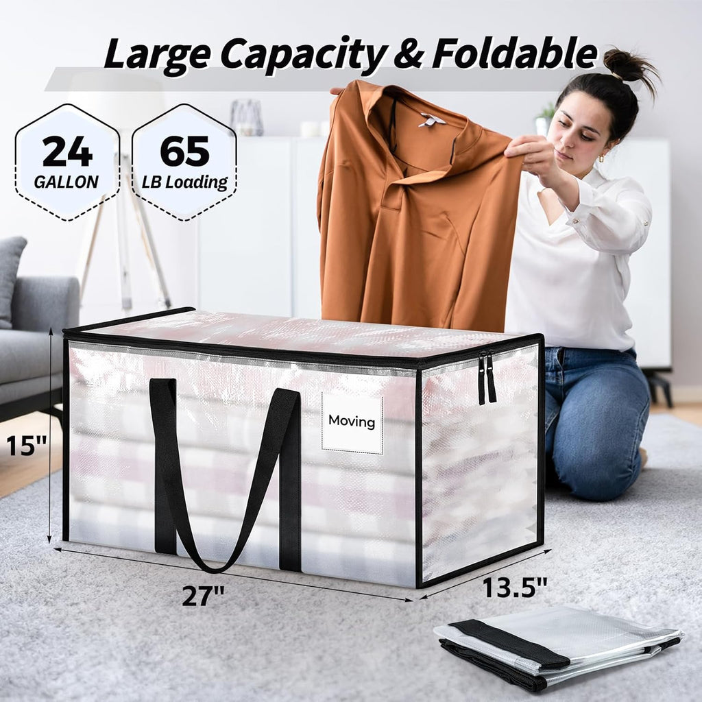 Skiennix Extra Large Heavy-Duty Moving Bags - 16 Pack with Reinforced Handles & Zippers | Clear Storage Totes for Clothes & Dorm Supplies