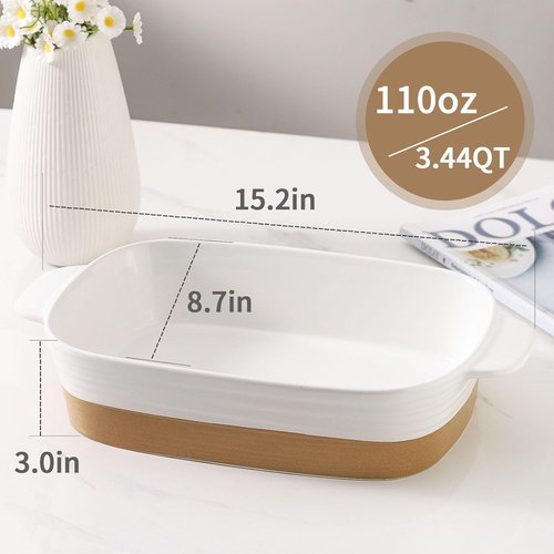 Hasense Ceramic Baking Dish - Non-Stick 11.8x8.7 Lasagna Pan with Handle | 3.4 Qt Casserole Bakeware, White