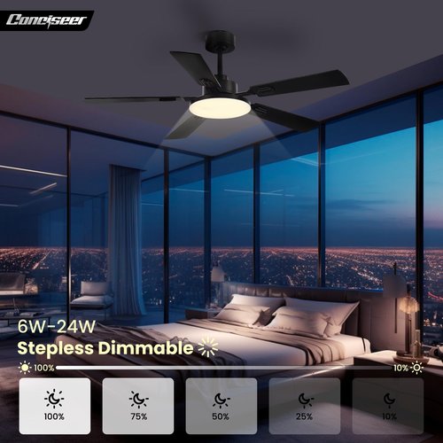 Conciseer 52 Inch Ceiling Fans with Lights and Remote for Bedroom Living Room Kitchen Office, Indoor/Outdoor Use, 5CCT Dimmable, 5 Blades, 6 Speed Reversible Quiet DC Motor, Black/Wood Grain