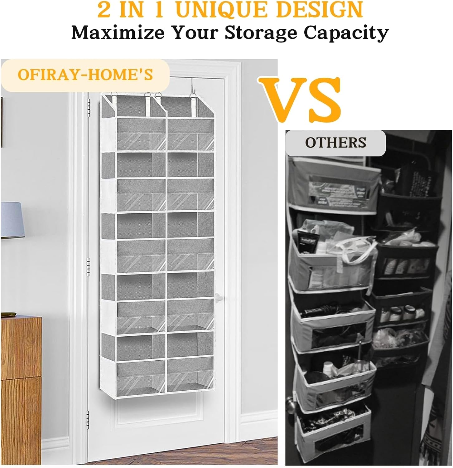 Over The Door Organizer - 5-Tier Extra Large Storage Solution with 20 Pockets | Light Grey