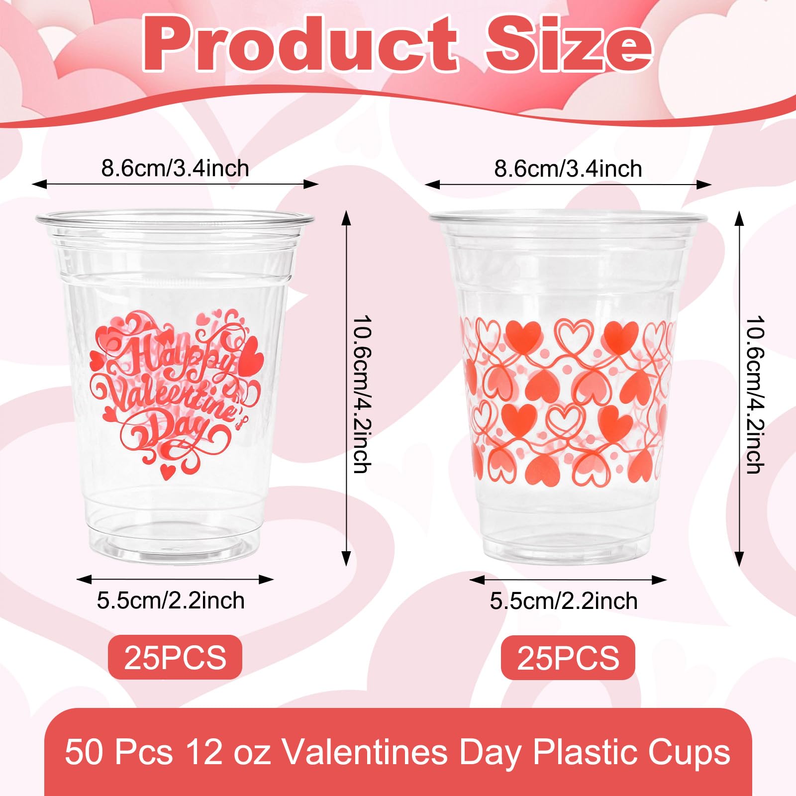 Gistome 50 Pcs 12 oz Valentine’s Day Plastic Cups, “Happy Valentine’s Day” and Heart Pattern Printed Disposable Cups, Red Love Design Cups for Beverages, Parties, Weddings, and Romantic Celebrations