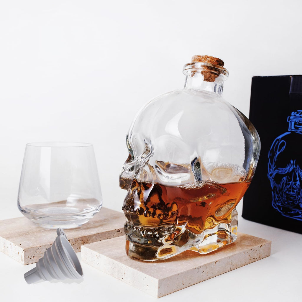 Skiennix Skull Decanter - Lead-Free Glass with Cork Stopper | Perfect Halloween Decor & Whiskey Gift (750ML)