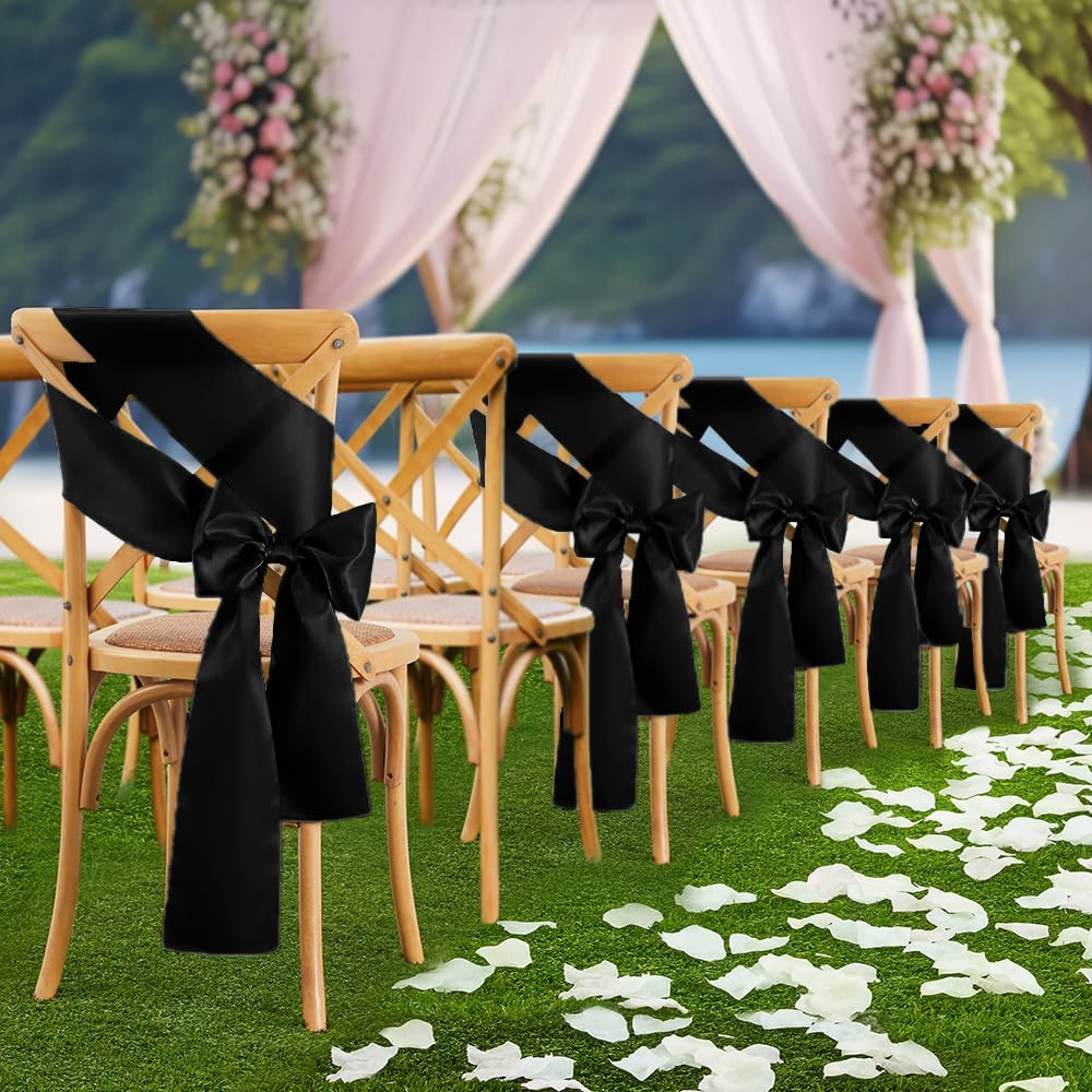 Skiennix Black Satin Chair Sashes - Elegant Bows for Weddings & Events | 6 x 108 Inch