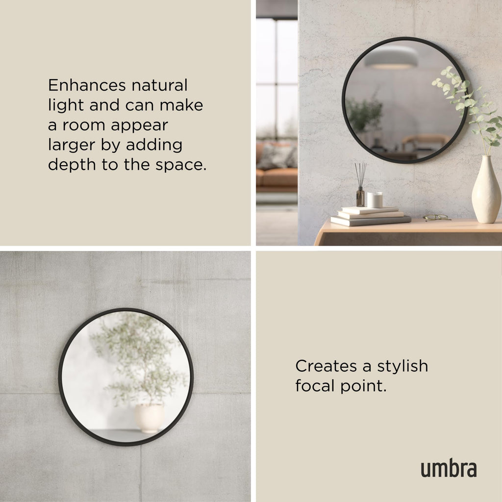 Umbra Hub Round Wall Mirror with Rubber Frame, Modern Style for Bathroom, Entryway, Living Room and More, 24-Inch, Black