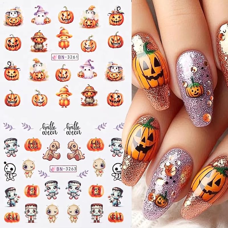 JUNCHAO Halloween Nail Art Stickers Pink Pumpkins Cute Ghost Water Decals 12PCS