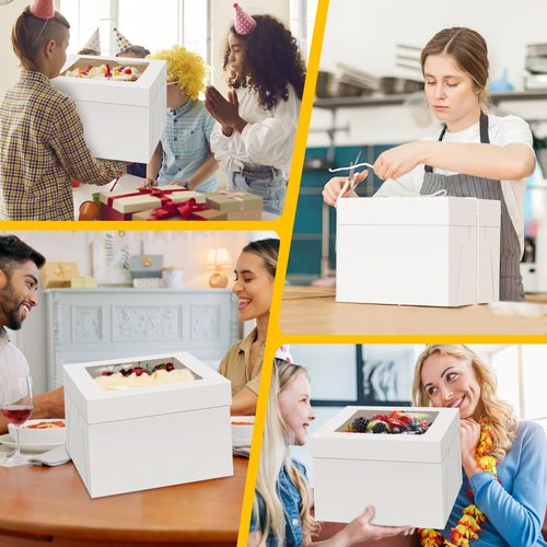 WINKIO 4 Pack Cake Boxes 12 Inch, Disposable Cake Transport Container, Cake Carrier, White Cake Holder with Large Window, for Bakery Cookies Pies Cupcakes Pastry (12×12×6 Inches)