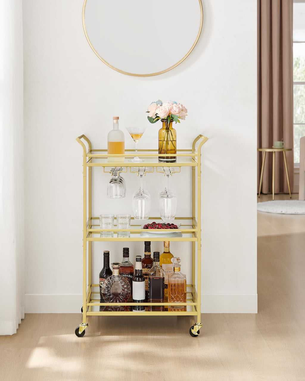 VASAGLE Bar Cart Gold, Small Home Bar Serving Cart with 3-Tier Mirrored Shelf, Wine Holders, Glass Holders, for Small Spaces, Kitchen, 15 x 23.6 x 36.2 Inches, Gold ULRC100A01