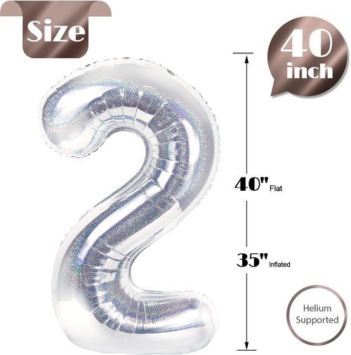 Laser Silver Number 2 Balloon - 40 Inch Birthday Decoration for Second Birthday Party Supplies