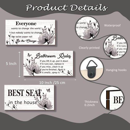 DonfenthY Black Wall Art Set - Rustic Farmhouse Bathroom Rules Signs, 10x5 Inch Wooden Decor