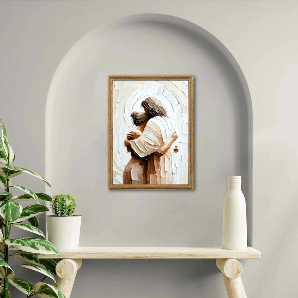 Palette Dreams Canvas Wall Art - Jesus Embracing Woman | Christian Painting Print, 12 x 16 Inch Framed Decor