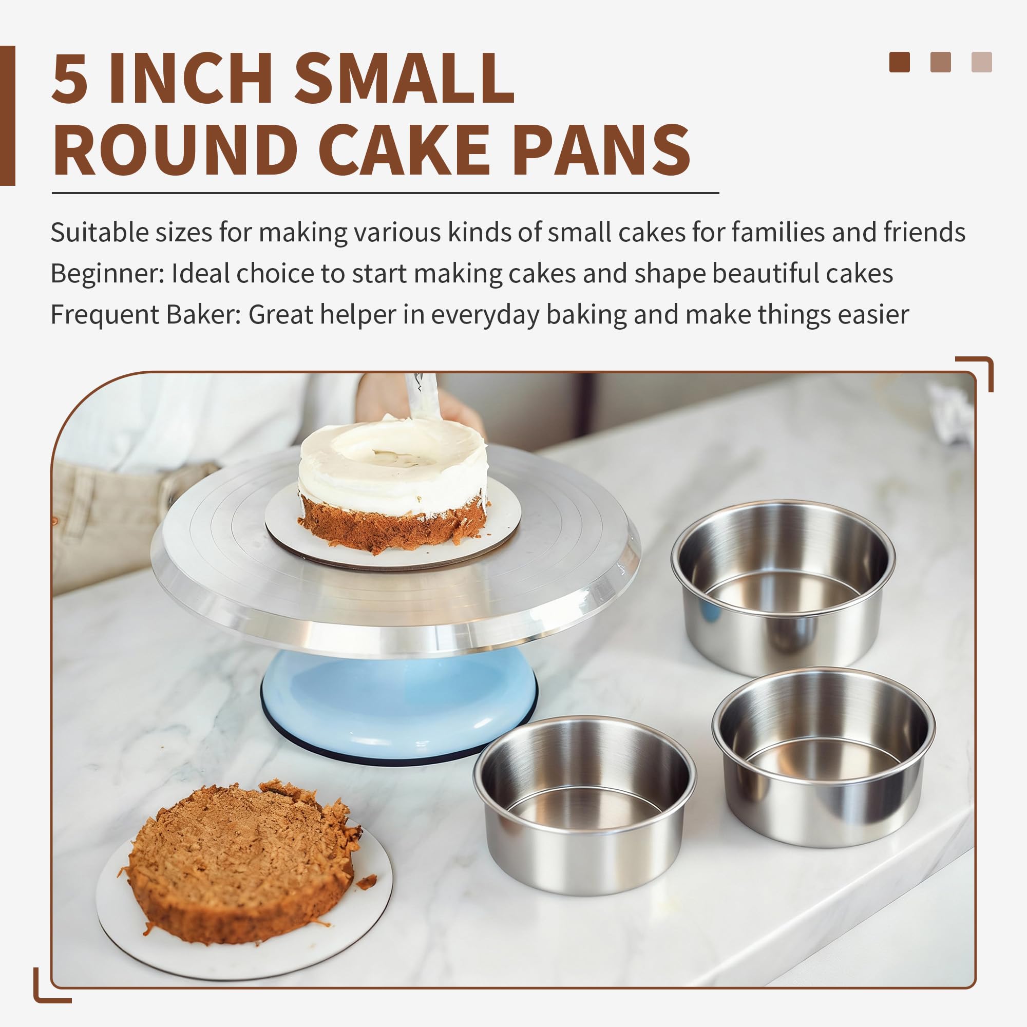 TeamFar 5 Inch Cake Pan Set of 4, Stainless Steel Small Layer Cake Baking Pans Tins, Round Bakeware for Birthday Wedding Party, Non-Toxic & Healthy, Mirror Finish & Dishwasher Safe