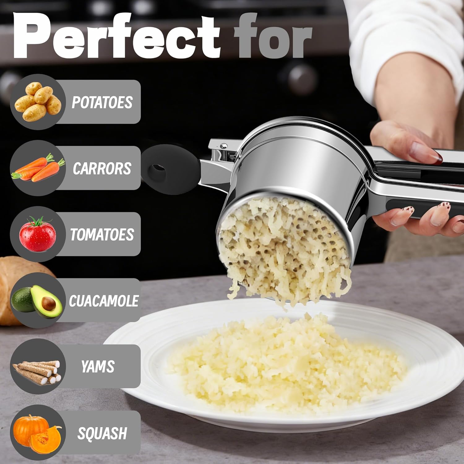 Skiennix Large 15oz Potato Ricer - Heavy Duty Stainless Steel Masher for Baby Food & Spaetzle | Black