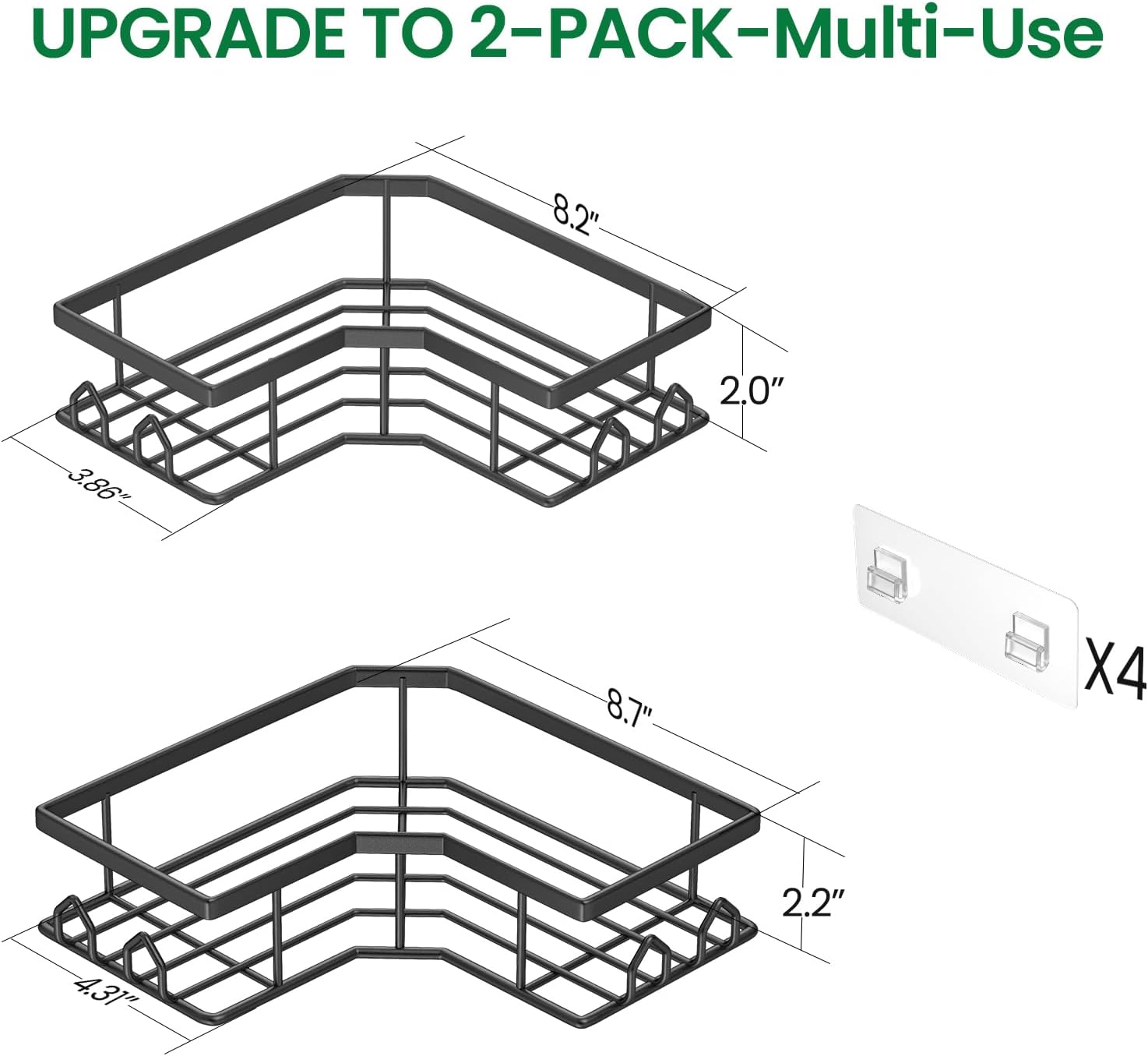 Skiennix Adhesive Shower Caddy - Rustproof Stainless Steel Corner Organizer | 2 Pack with Large Capacity