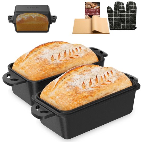 EAOENLS 9×5 Inch Cast Iron Loaf Pan with Lid, 2-in-1 Bread Baking Pans for Homemade Bread, Pre-Seasoned | Even Heat Distribution, 2 Piece Set