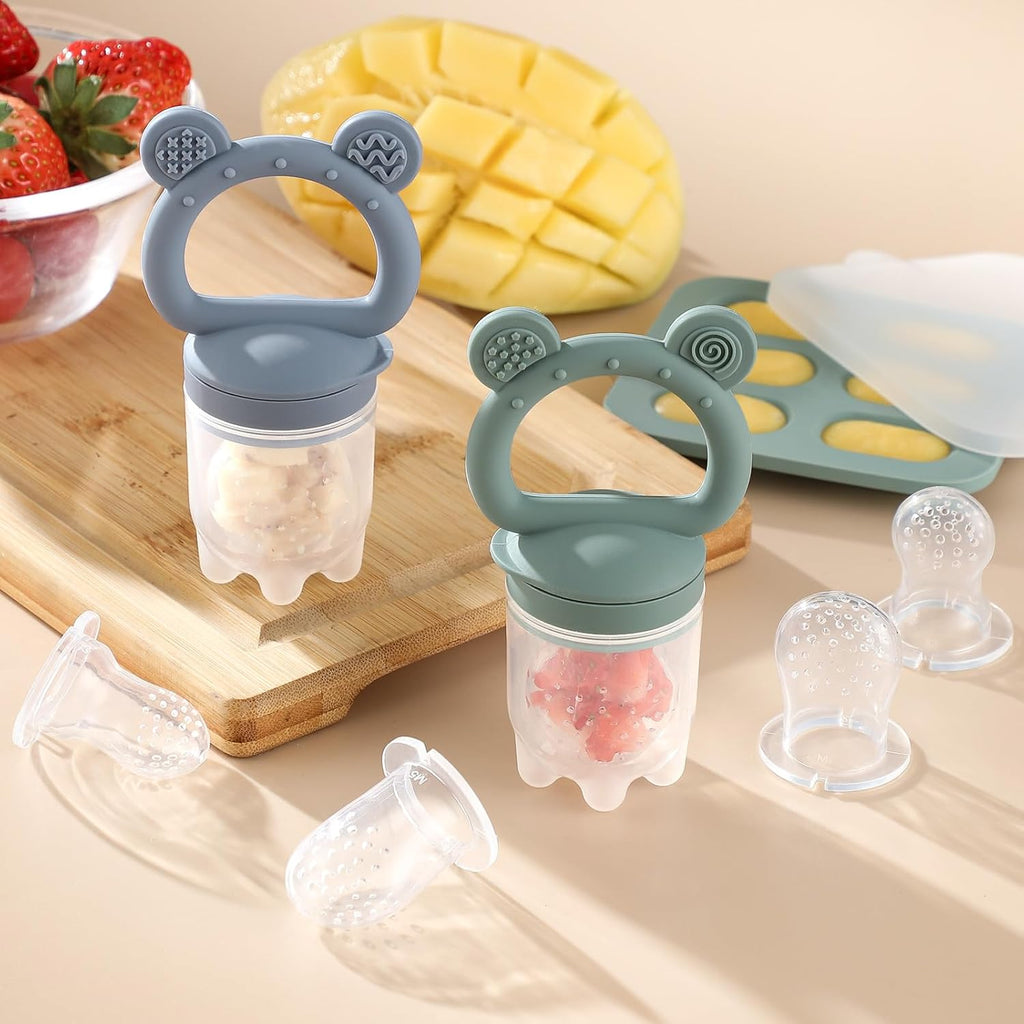 Skiennix Silicone Baby Fruit Feeder - 2 Pack with Mini Freezer Tray & Breastmilk Popsicle Molds for Teething Relief