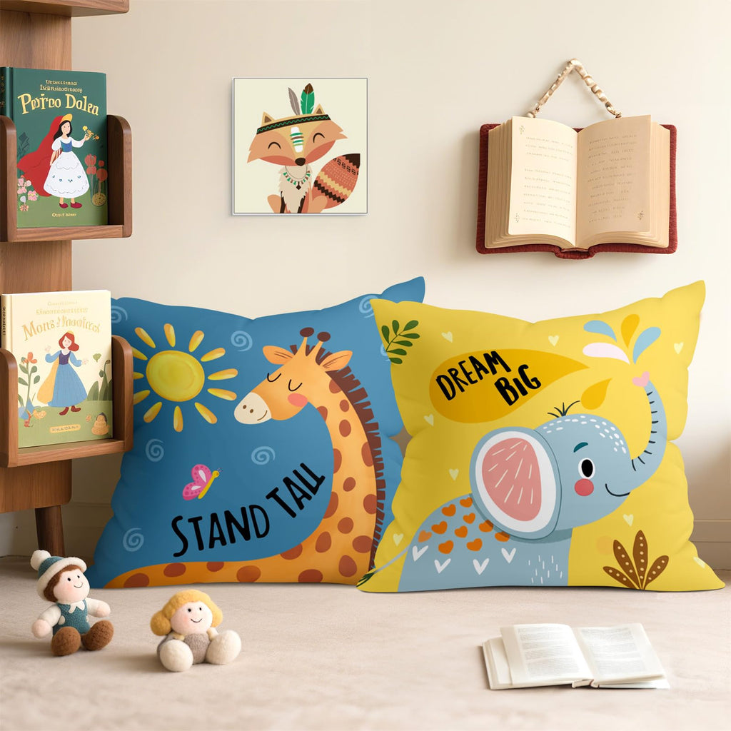 Joymaison Cartoon Animals Throw Pillow Covers 18x18 Inch Set of 4 Baby Elephant Giraffe Lion Monkey Cushion Pillow Case Nursery Home Decor for Kids Toddlers Teens