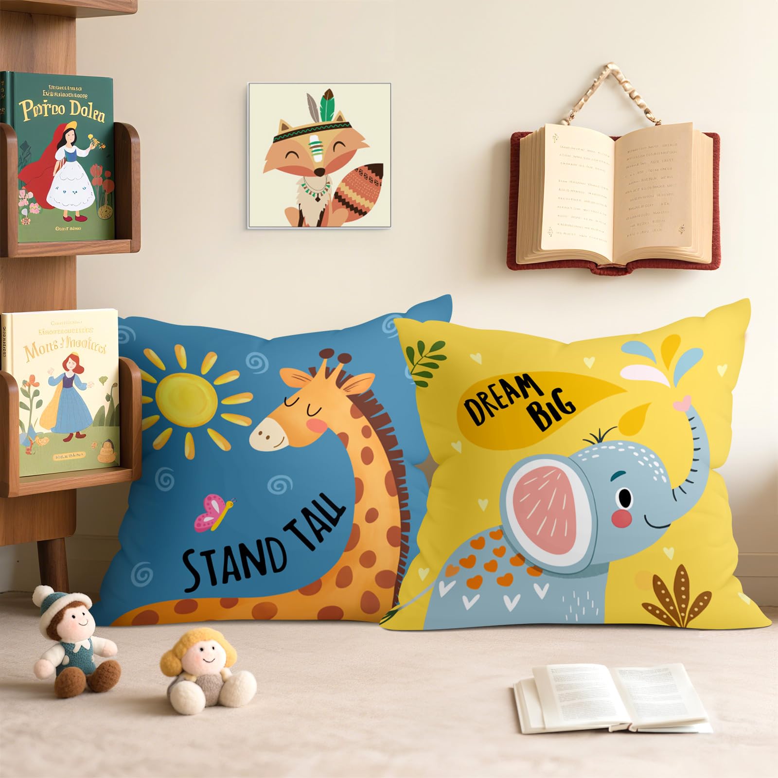 Joymaison Cartoon Animals Throw Pillow Covers 18x18 Inch Set of 4 Baby Elephant Giraffe Lion Monkey Cushion Pillow Case Nursery Home Decor for Kids Toddlers Teens