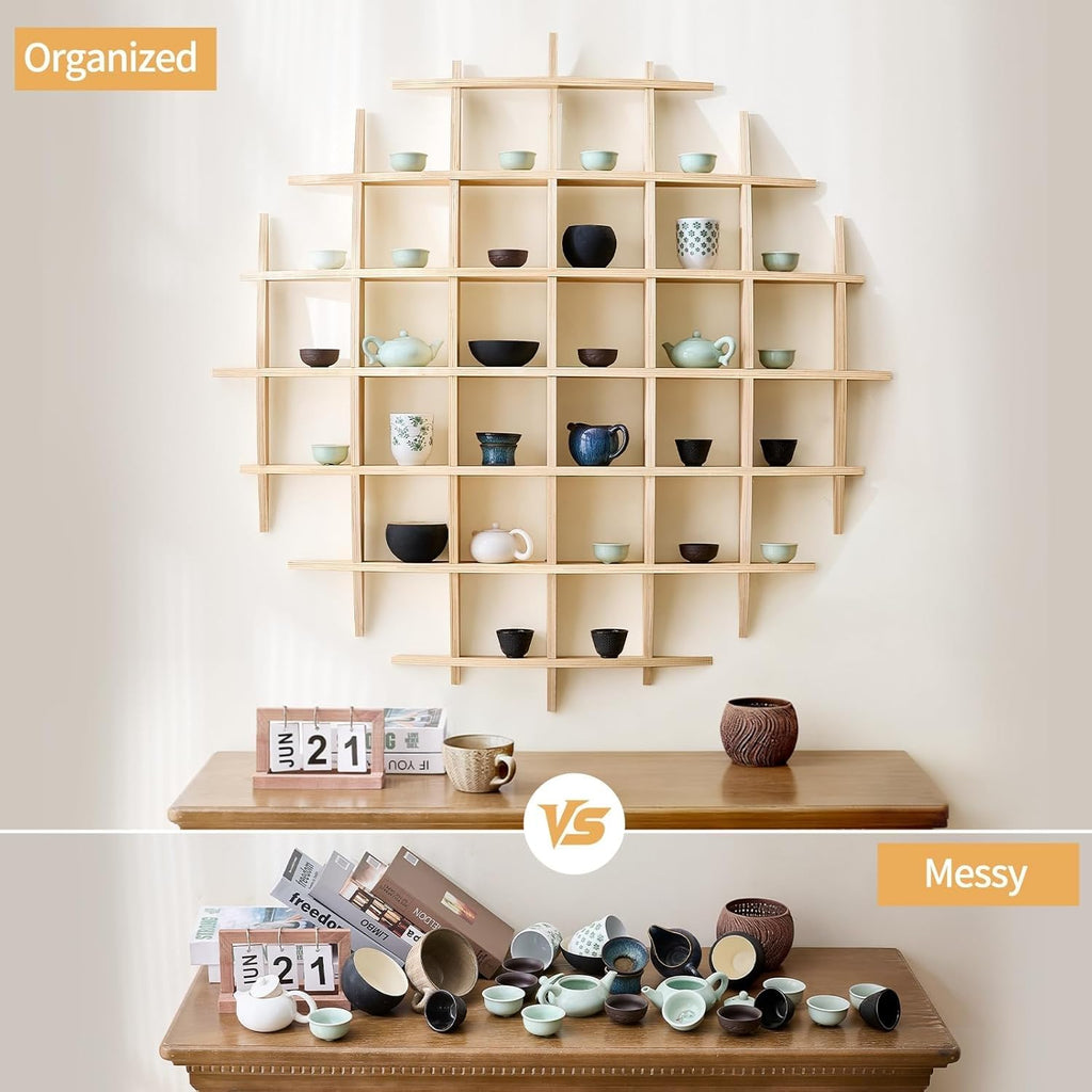 Sicrifety 46" x46"Oversize Wooden Coffee Mug Display Shelf,Rustic Wooden Floating Curio Shelf-Mug Holder for Wall,Wall Mounted Tea Cup Display Stand for Living Room Kitchen Office