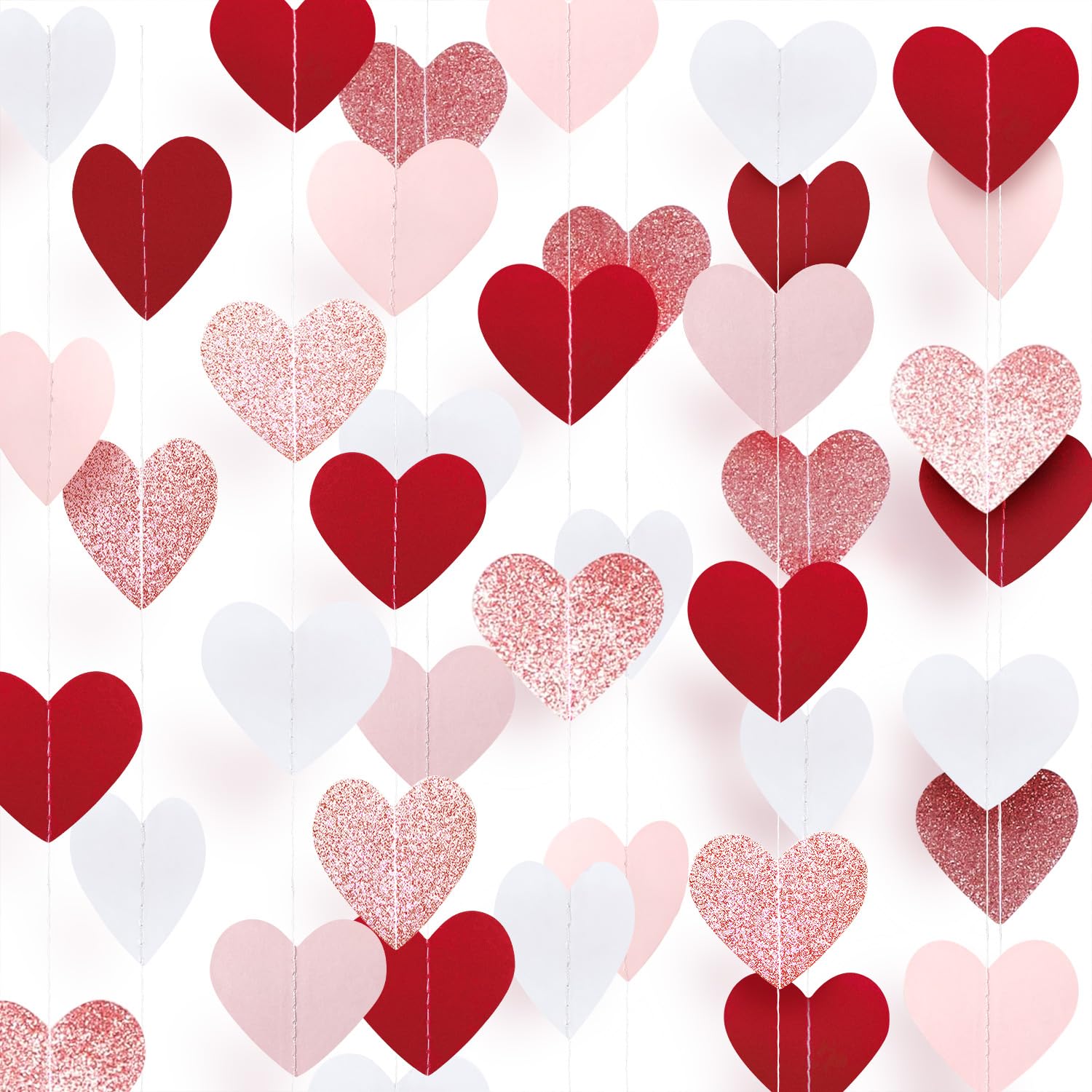 XIANMU 8 Strands Heart Garland Valentines Day Heart Paper Streamers Banner Rose-Gold Pink Burgundy-Red Party Decorations for Mothers Day Wedding Engagement Party Supplies