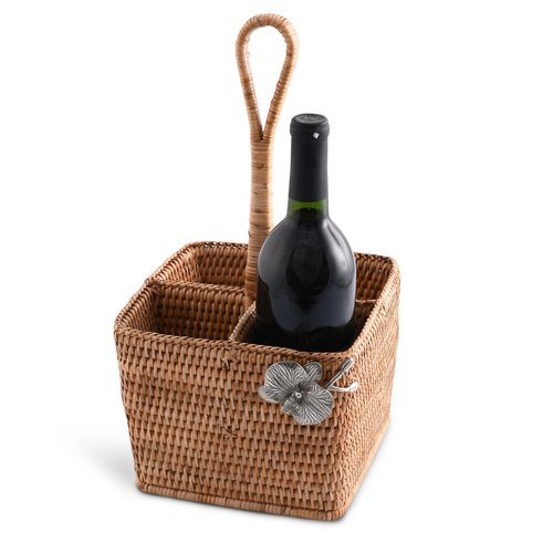 Vagabond House Utensil Caddy - Elegant Rattan Cutlery Holder for Party, Designer Utensil Holder with 4 Compartments, Functional Wicker with Pewter Orchid Flower, Ideal for Tropical Home 12 Inches